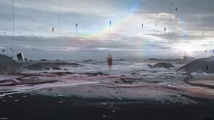 Death Stranding beach with floating figures