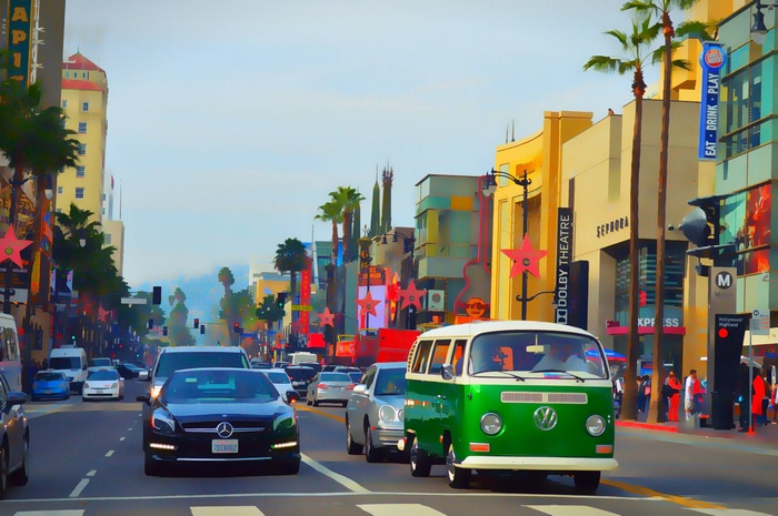 4K Hollywood Boulevard street scene with Volkswagen bus