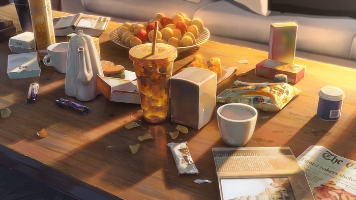 Table with food, drinks, and newspapers