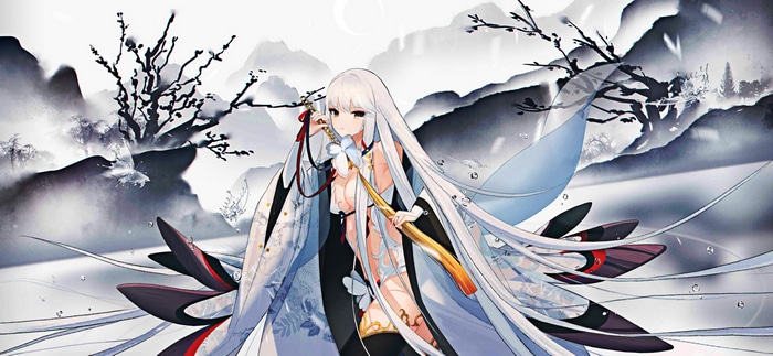 Anime girl with sword in snowy landscape