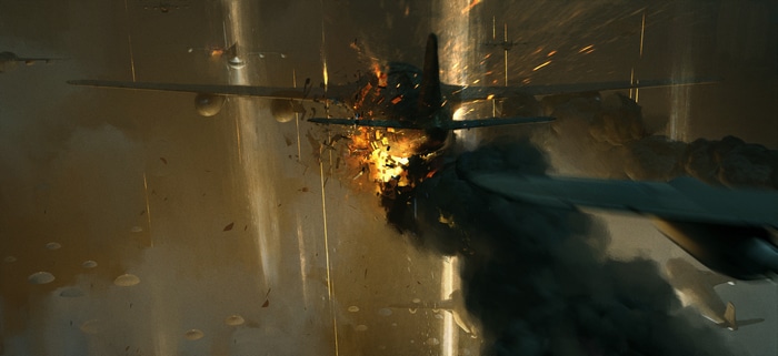 Military aircraft in aerial combat with explosions