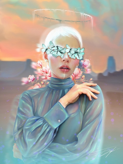 Woman with butterflies covering her eyes and flowers