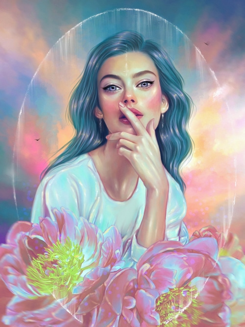 Artwork of a woman with blue hair and flowers