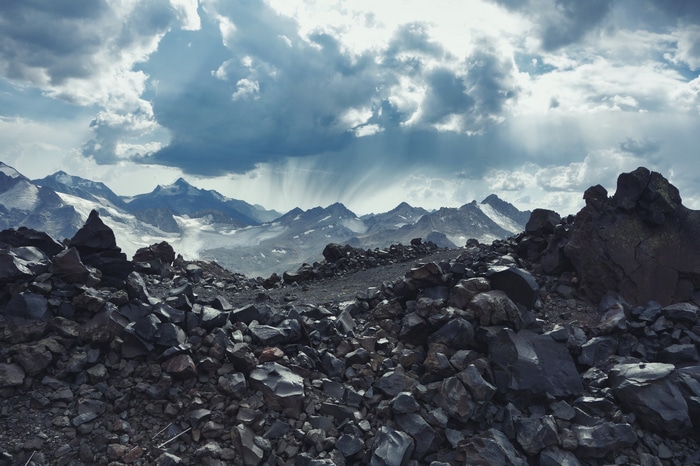 4K Mount Elbrus mountains with clouds and rocks