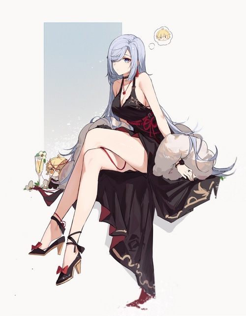 Shenhe in a black dress with fur trim