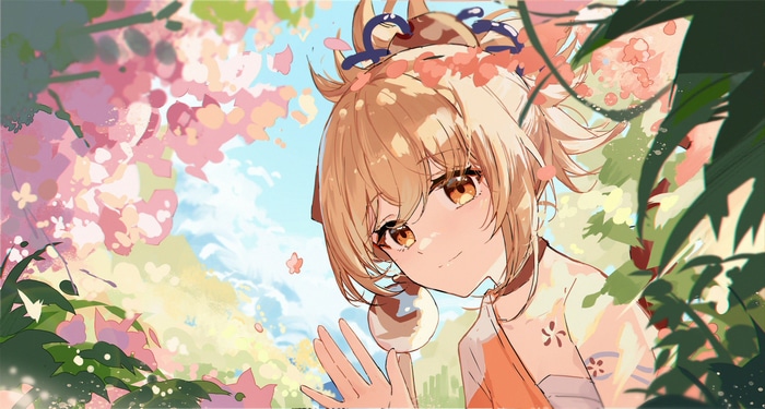 Yoimiya from Genshin Impact surrounded by flowers