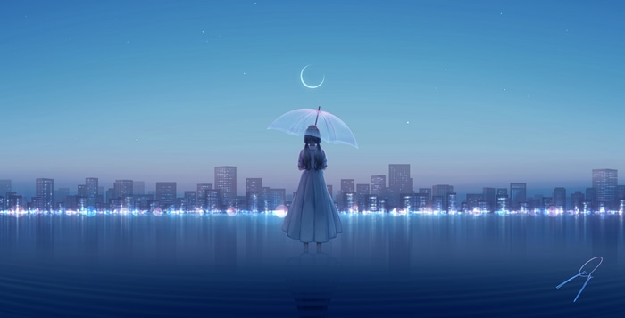 Girl with umbrella in city by the water under moon