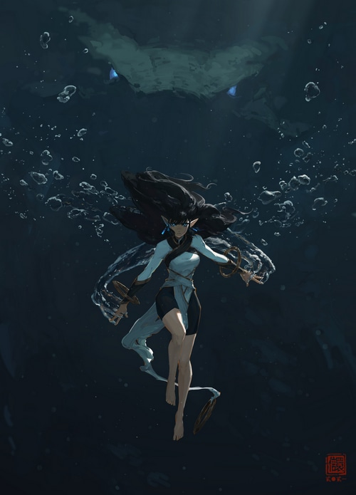 Fantasy girl underwater with large creature above