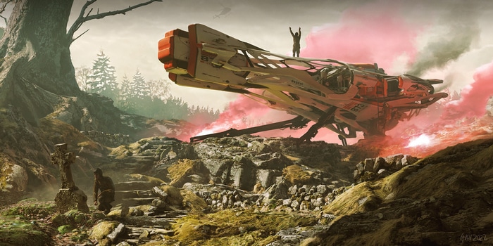 Spaceship landing in a rocky, forested landscape