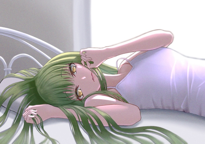 C.C. from Code Geass lying in bed
