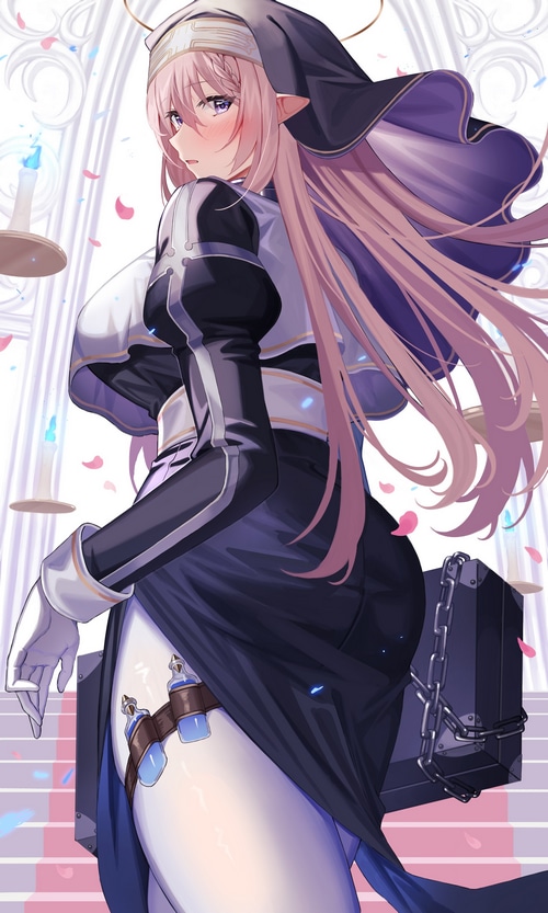 Amahara Subaru as a nun with pink hair and purple eyes