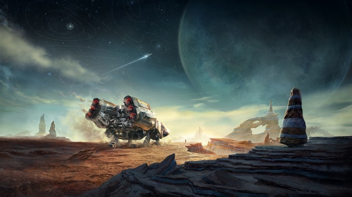 Starfield spaceship landing on alien planet