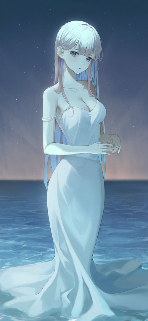 Anime girl with white hair in a white dress