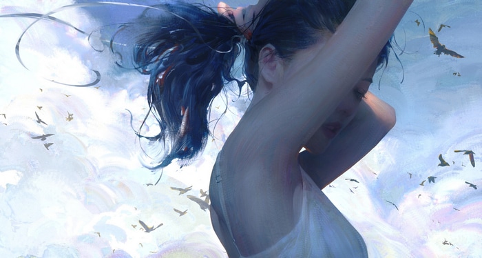 Woman with dark hair in the clouds with birds