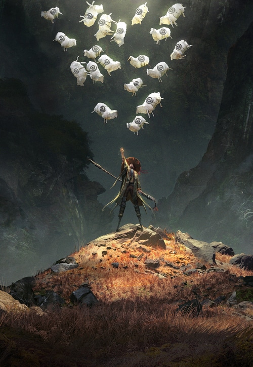 Fantasy art of a person summoning sheep-like creatures