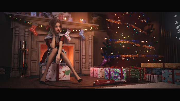 Asian woman in Christmas-themed outfit with presents and tree