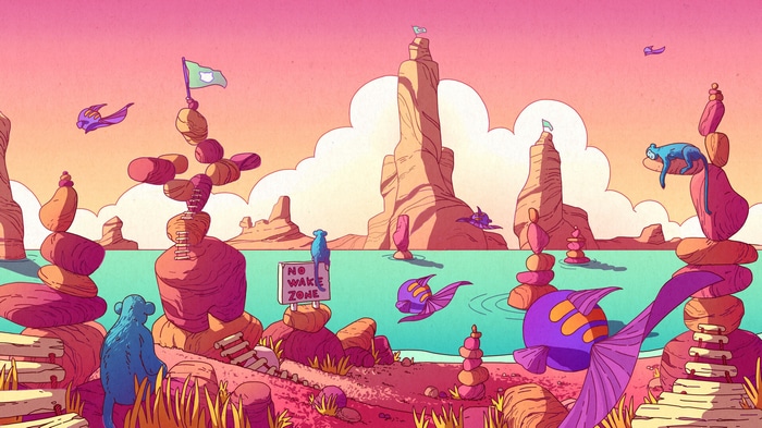 Camila Nogueira illustration of monkeys and fish in a colorful landscape