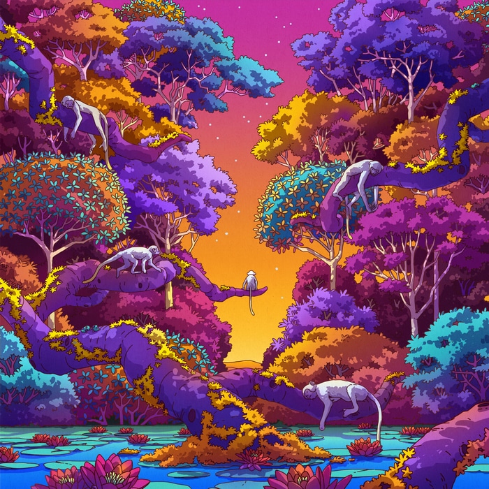 Camila Nogueira's colorful monkey illustration in a fantasy forest