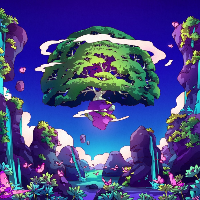 Floating tree with waterfalls and butterflies
