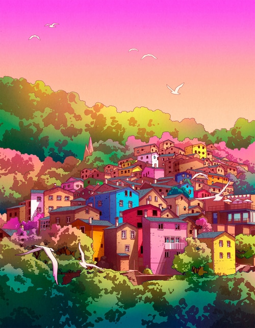 Colorful village on a hill with birds flying