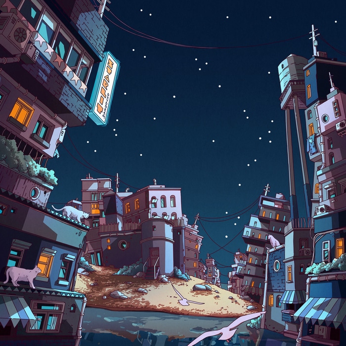 Camila Nogueira's colorful city at night with cats