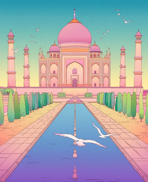 The Taj Mahal with birds flying over a reflecting pool