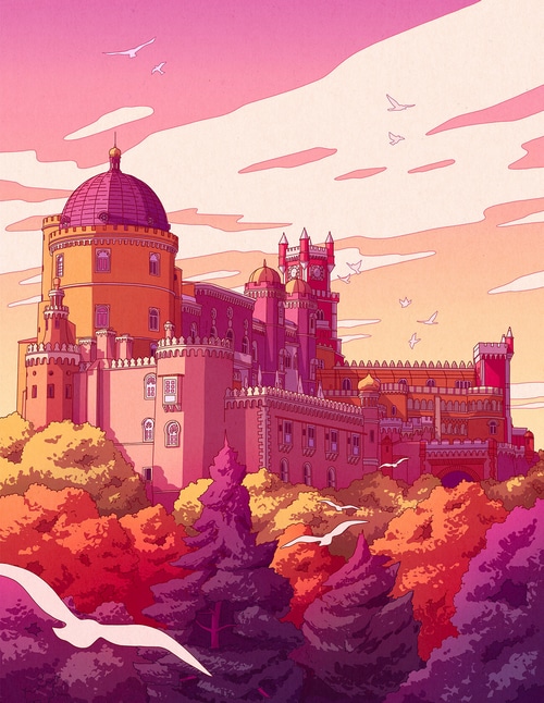 Pena Palace in Sintra surrounded by colorful trees