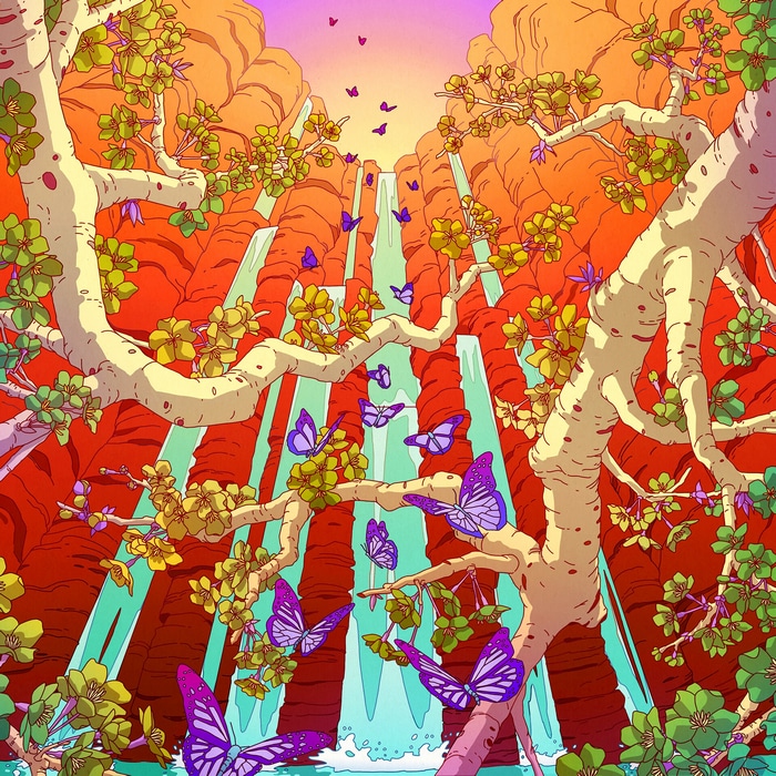 Camila Nogueira's concept art of a colorful waterfall with butterflies