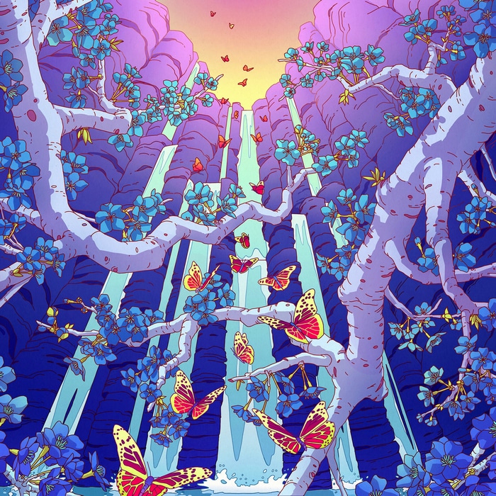 Camila Nogueira's colorful waterfall with butterflies and flowers