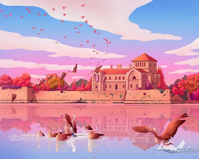 Birds flying over a castle by the water