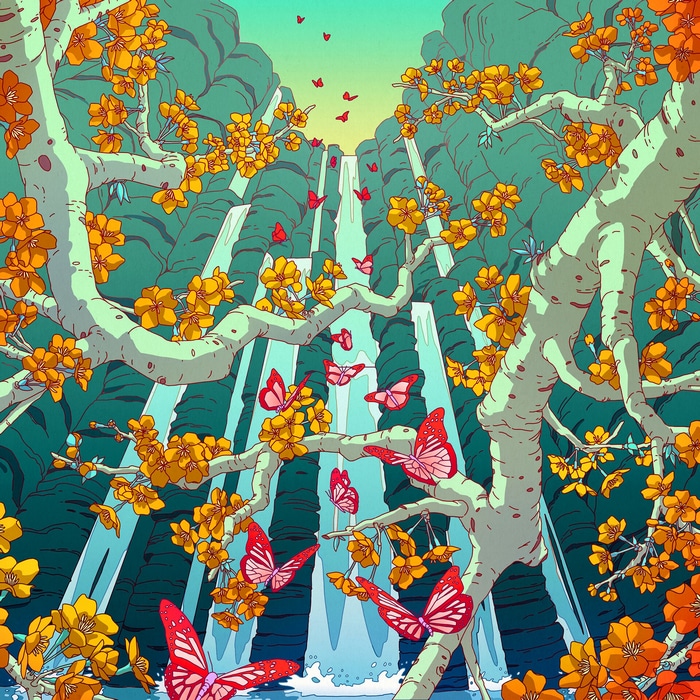 Butterflies and flowers by a waterfall