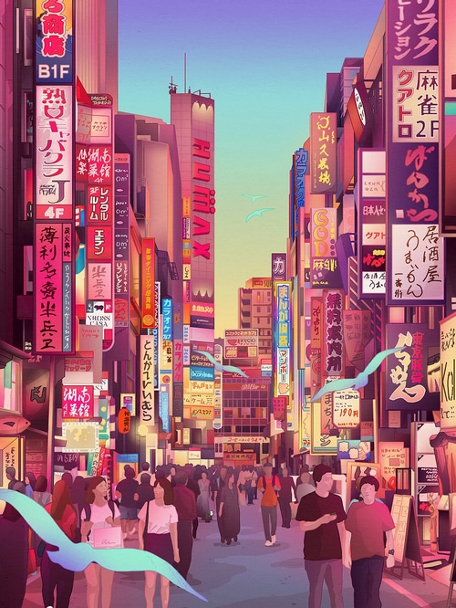 Japanese street with neon signs and a crowd