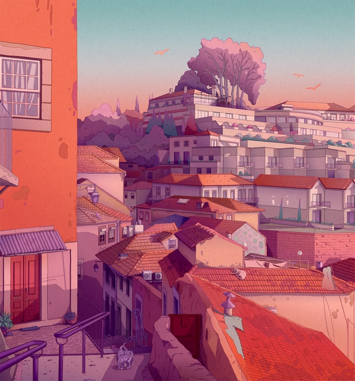 Camila Nogueira's colorful concept art of a city with cats