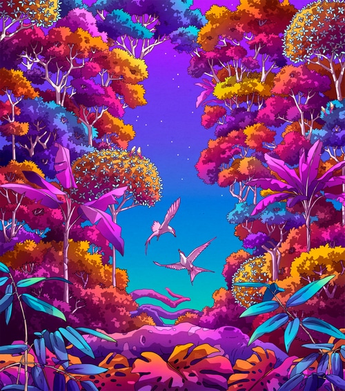 Colorful fantasy forest with birds flying