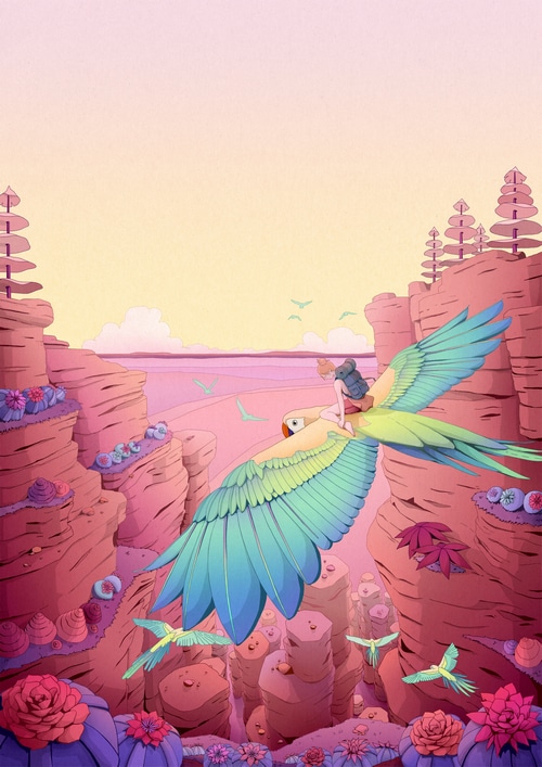 Camila Nogueira's concept art of a girl riding a parrot