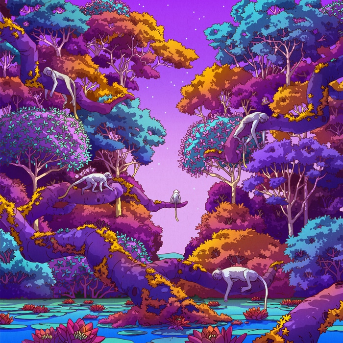 Monkeys in a colorful fantasy forest by Camila Nogueira