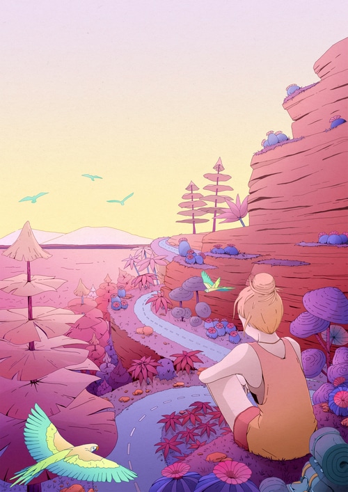 Camila Nogueira's fantasy landscape with parrots and birds