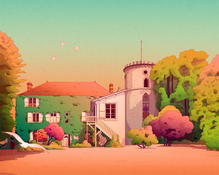 Camila Nogueira's colorful house with birds and trees