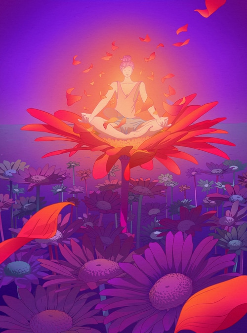 Camila Nogueira meditating on a giant flower