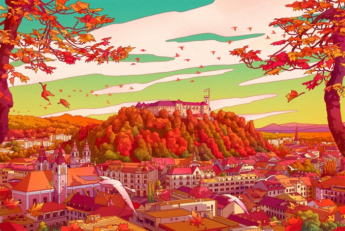 Autumnal cityscape with castle and flying birds