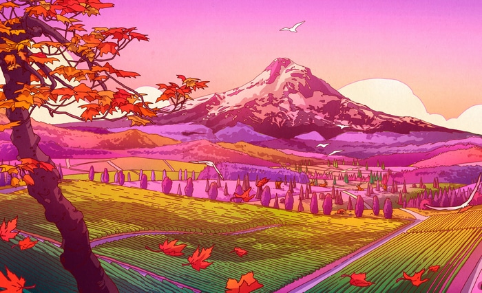 Camila Nogueira's colorful landscape with mountains and birds