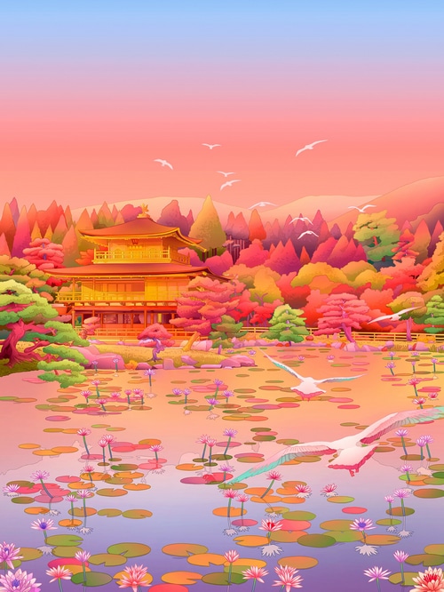 Golden Temple by a Pond with Water Lilies and Birds