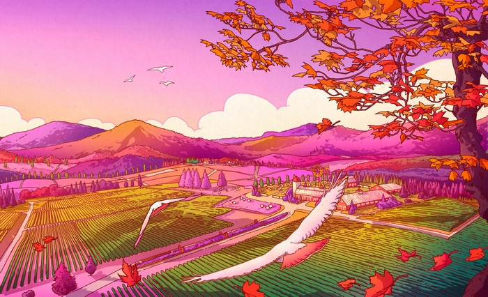 Camila Nogueira's colorful landscape with birds and leaves