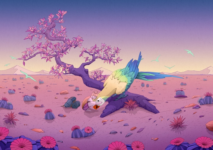 Parrot and girl in a desert landscape with cacti