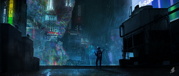 Cyberpunk city with a person in the rain
