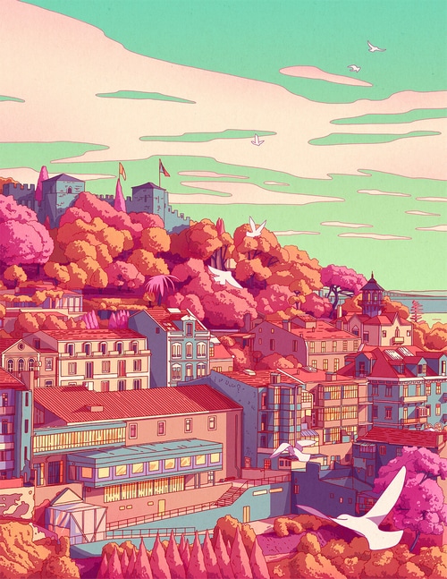 Camila Nogueira's colorful city with birds