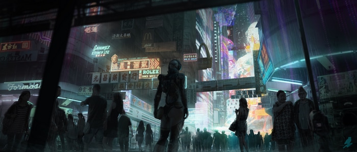 Cyberpunk city street with neon signs and people