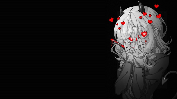 Helltaker demon girl with bloody knife and hearts