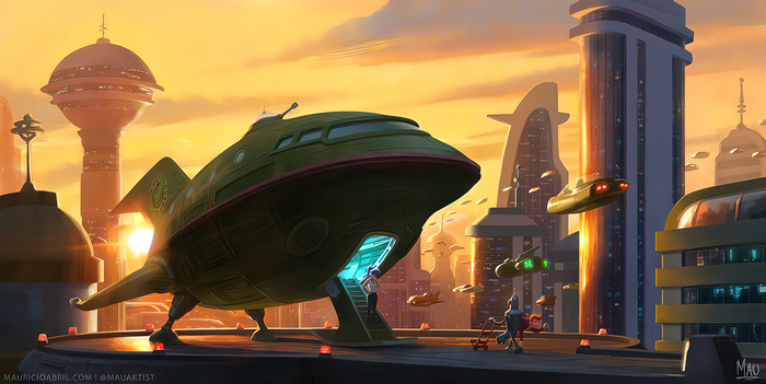 Futurama Planet Express Ship in Futuristic City