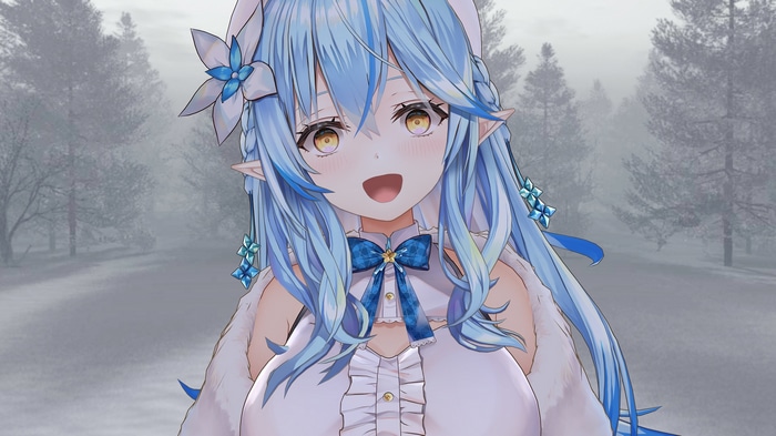 Yukihana Lamy with blue hair and yellow eyes